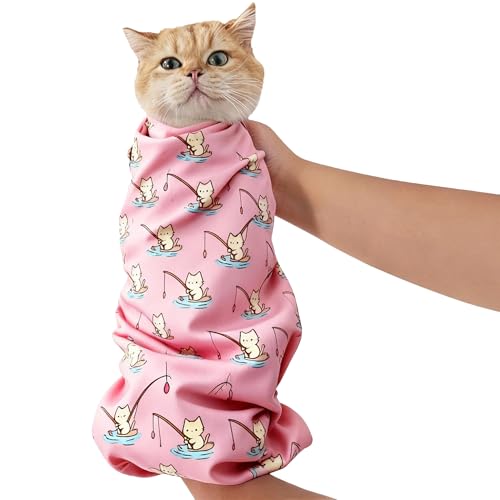 33.5" Cat Grooming Wrap,cat wrap for Cutting Nails,Self-Adhesive cat Swaddle wrap cat Restraint cat wrap Blanket for Medicine, Nail Clipping, Teeth Brushing,Pink Kitten(Within 22lbs) - color: Pink kitten, size: 2XL-33.5in