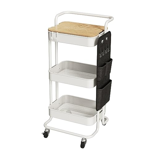 DTK 3 Tier Metal Utility Rolling Cart with Table Top and Side Bags, Metal Tray Storage Organizer Cart with Wheels, Art Craft Cart with 4 Hooks for Kitchen Bathroom Office Living Room (White) - color: White, size: Large