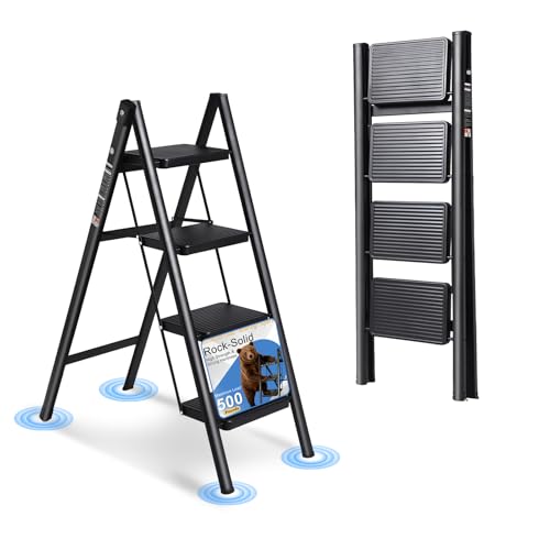 4 Step Ladder Folding Step Stool Sturdy Carbon Steel Frame | Anti-Slip Thick Pedal & Feet Portable for Home Kitchen Garage (black-4step) - color: Black, size: 4 step