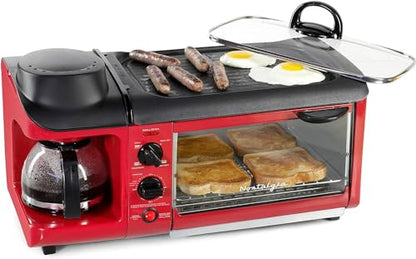 Nostalgia 3-in-1 Breakfast Station - Includes Coffee Maker, Non-Stick Griddle, and 4-Slice Toaster Oven - Versatile Breakfast Maker with Timer - Red - color: Red, style: Classic Retro
