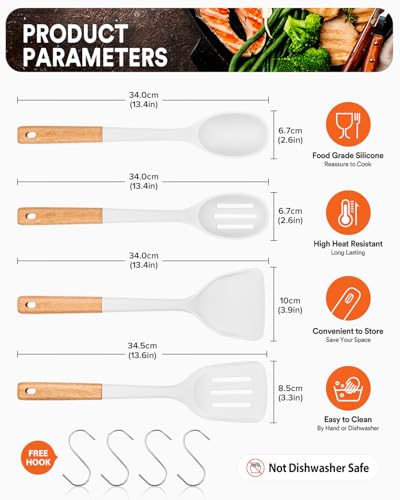 Silicone Cooking Utensils Set, Perfectly Angled for Frying, Mixing,Serving,Draining,Turning and Stirring, BPA-Free Matte Silicone, Wood Handles, Safe for Nonstick Cooking Surfaces,4 Pack (White) - color: White