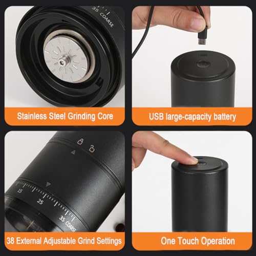 Portable Electric Coffee Grinder with 38 Adjustable Grind Settings – USB Rechargeable Stainless Steel Conical Burr, Coffee Bean Grinder for Espresso, French Press, Travel, Camping, Home & Office Use - color: Stainless Steel Black