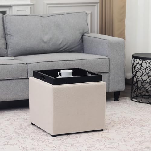 Adeco 17-inch Square Storage Ottoman with Reversible Tray Top, Upholstered Fabric Cube Footrest Stool & Coffee Table for Living Room, Bedroom, and Small Spaces, Beige - color: Beige With Tray