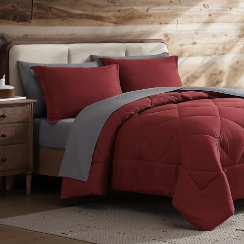 Coleman Twin XL Comforter Set Reversible Bed-in-a-Bag– Double-Sided Color Options, All-Season Comforter + Shams + Sheets – Perfect for Home, Cabin or Camp Use, Burgundy/Gray - color: Burgundy/Gray, size: Twin XL