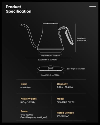 Cocinare Gooseneck Electric Kettle, ±1°F Precise Temperature Control, 1500W Fast Heating, Pour Over Coffee & Tea Kettle with Brew Timer & Keep Warm, Stainless Steel, 0.9L (Munch Pink) - color: Munch Pink