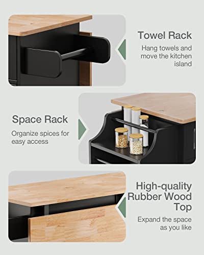 Qsun Kitchen Island with Storage, Kitchen Cart on 5 Universal Wheels, Mobile Kitchen Island with Rubber Wood Top and Side Rack (Black) - color: Black