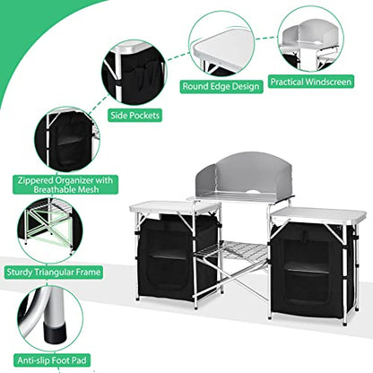GYMAX Folding Camping Table, Portable Kitchen Table with 2 Zipper Organizer Shelf & Wind Screen, Foldable Cooking Table for Camping Hiking Picnic BBQ (Black) - color: Black