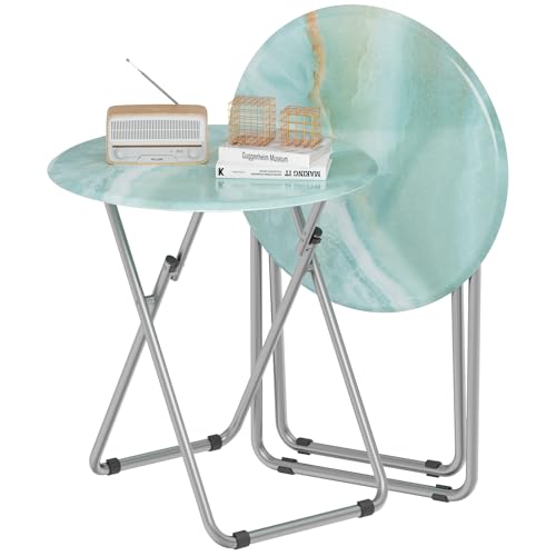 TV Tray Round Table, Small Foldable Table, Portable Dinner Table for Eating, Snack Side Trays Table Set of 2, No Assembly Required (Ocean Blue Marble, 2Pcs) - color: Ocean Blue Marble, size: 2pcs