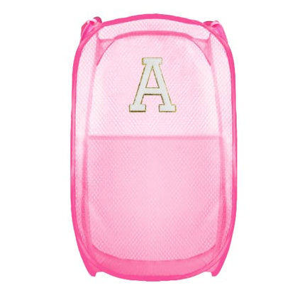Collapsible Pop Up Laundry Hamper, Extra Large with Removable Initial Letter A, Mesh Foldable Laundry Basket, 28" x 16" x 16" (Pink) - color: 1P PinkA