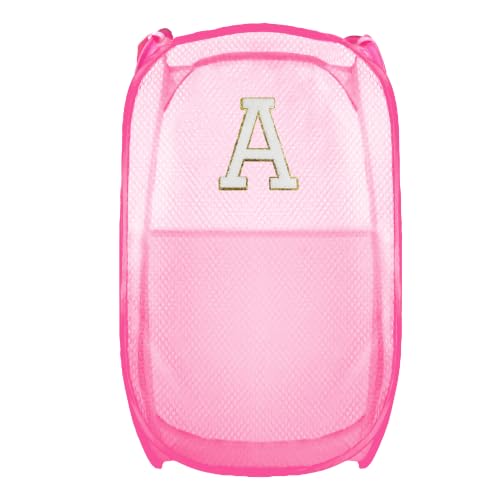 Collapsible Pop Up Laundry Hamper, Extra Large with Removable Initial Letter A, Mesh Foldable Laundry Basket, 28" x 16" x 16" (Pink) - color: 1P PinkA