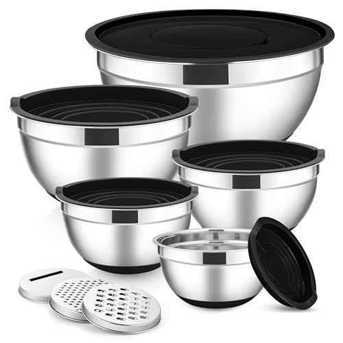 E-far Stainless Steel Mixing Bowls with Lids Set, 5-Piece Nesting Salad Bowls with 3 Grater Attachments and Non-Slip Bottoms, Size 4.6, 2.6, 2, 1.5, 1QT for Kitchen (Black) - color: Black, size: 5 Regular Sizes
