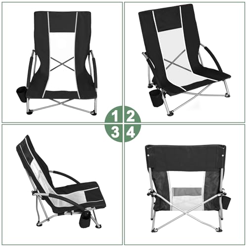 Romswi Low Beach Chairs for Adults 2 Pack, Lightweight Folding Sand Chairs with Breathable Mesh Back & Cup Holder, Portable Compact Camping Chairs, 300lbs Capacity,Black - color: Black - Low Back