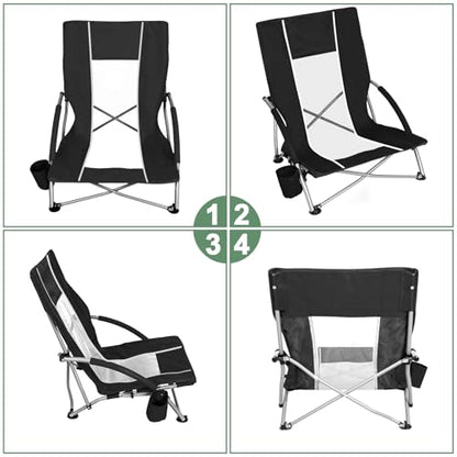Romswi Low Beach Chairs for Adults 2 Pack, Lightweight Folding Sand Chairs with Breathable Mesh Back & Cup Holder, Portable Compact Camping Chairs, 300lbs Capacity,Black - color: Black - Low Back