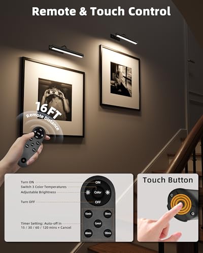 EZVALO 13Inch Wireless Picture Lights, 4000mAh Rechargeable Battery Art Lights with Remote, Dimmable 3 Color Temps LED Painting Lights for Living Room, Bedroom, Hallway (Black, 2Pack) - color: Black