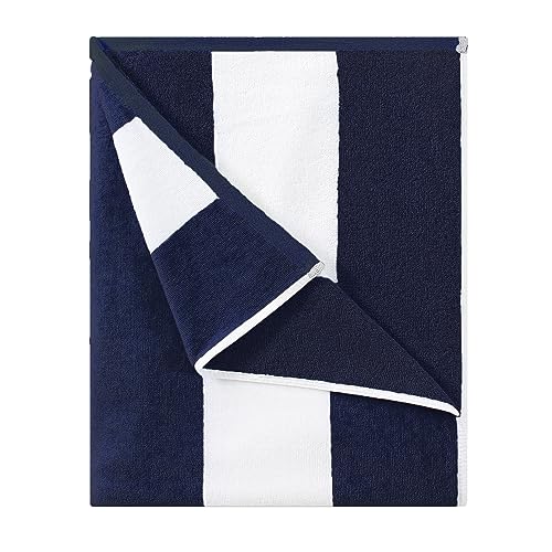 HENBAY Cotton Oversized Beach Towel - Large 70 x 35 Inch Pool Towel, Navy Blue Striped Quick Dry Swimming Cabana Towel - color: Navy Blue