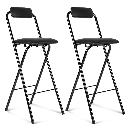 Thyle 2 Pcs Folding Bar Stool with Backrest, Tall Foldable Stool Chair Portable High Folding Bar Chair Counter Height Seat Leather Padded for Kitchen Island Shop Cafe Dining Room Black (27.5 Inch) - size: 27.5 Inch