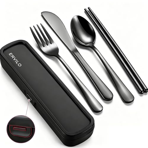 Travel Utensils with Case, Stainless Steel Portable Cutlery Set for Work, Lunch Box Silverware for Camping Picnic, Reinforced Case with Snap-Lock Closure, Include Fork Spoon Knife Chopsticks, Black - color: Black