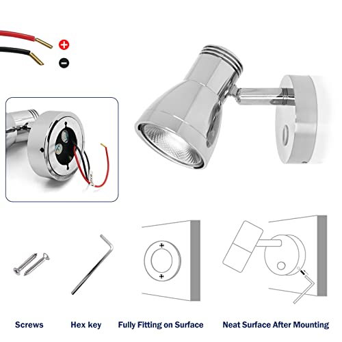THALASSA 3W RV Stepless Dimmable Reading Light for Boat 12V Interior Lights Camper Caravan Vehicle Motorhome Bedside Lamp DC 10-30V Warm White, Polished Chrome, with Built-in Touch Switch - color: Polished Finish without USB