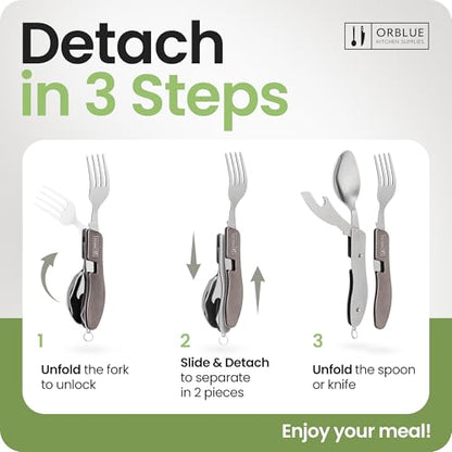 Orblue 4-in-1 Camping Utensils, 2-Pack - Portable Stainless Steel Spoon, Fork, Knife & Bottle Opener Combo Set - Travel, Backpacking Cutlery Multitool, Gray - color: 2-PACK Modern Gray