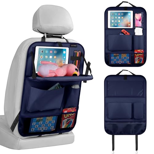 LUCMO Car Backseat Organizer with Foldable Tablet Holder, Dark Blue | 6 Storage Pockets,Foldable Food Tray,Protectors Kick Mats,Travel Accessories,Seat Cover,Road Trip Essentials - color: Dark Blue-2, size: 1 Pack with Food Tray