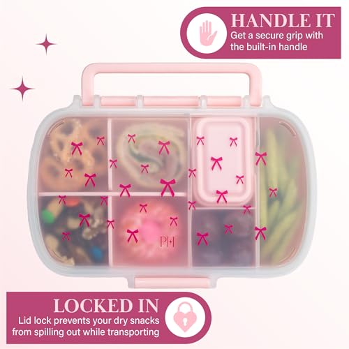 Paris Hilton 2-Pack Bento Style Snack Boxes, 7-Compartment Lunch Containers with Built-In Phone Stand, Removable Dividers and Dip Containers, Pink Bow Print - color: Pink Bow Print