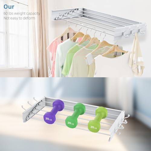 Laundry Drying Rack, Collapsible Wall Mounted Clothes Drying Rack - Foldable,Space Saving, 13.2 Linear Ft, 5 Aluminum Rods, 60 lb Capacity (White, 31.5" Wide) - size: 31.5"