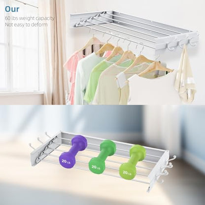Laundry Drying Rack, Collapsible Wall Mounted Clothes Drying Rack - Foldable,Space Saving, 13.2 Linear Ft, 5 Aluminum Rods, 60 lb Capacity (White, 31.5" Wide) - size: 31.5"