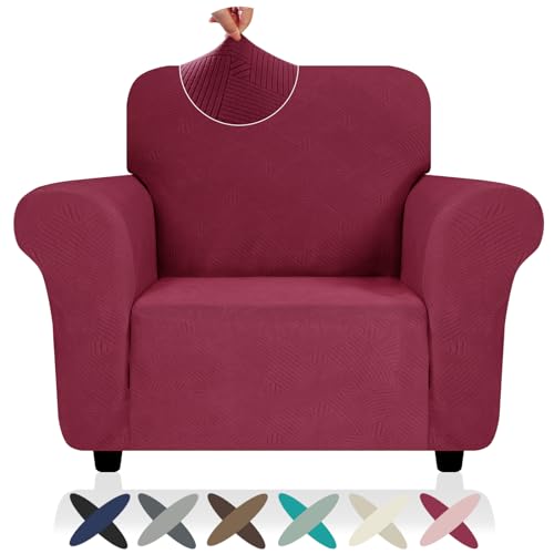 ZNSAYOTX Super Stretch Chair Slipcover (30"-47"), New Striped Sofa Chair Covers for Living Room, Dogs Pet Friendly Anti-Slip Chair Protector Spandex Armchair Slipcovers (Wine Red, Chair) - color: - Wine Red, size: Small (30"-47")