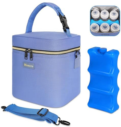 Mancro Breastmilk Cooler Bag with Ice Pack Fits 6 Baby Bottles Up to 9 Ounce, Insulated Baby Bottle Bag with Strap for Nursing Mom Daycare, Blue - color: Blue