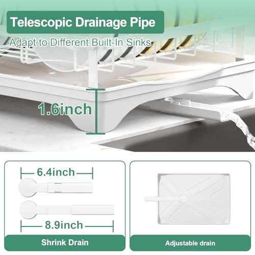 Dish Drying Rack,Dish Racks for Kitchen Counter, Metal Dish Drainer with Adjustable Drainage Spout, Removable Knife and Fork Holder (White) - color: 1 Tier - White