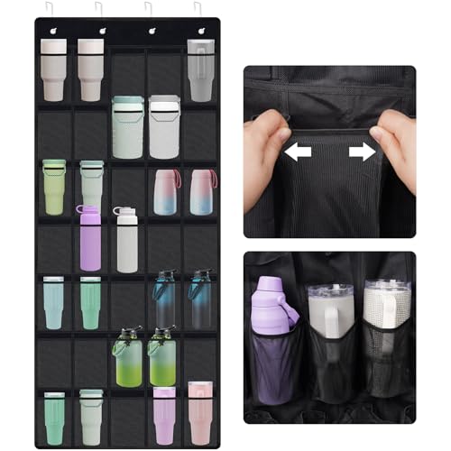 NiHome Multi-Functional 35 Pockets Door Hanging Organizer Fit for Stanley Tumbler in Kitchen, Pantry, Bedroom, Bathroom, Large Capacity Elastic Mesh Secure Storage Cup Holder, Foldable for Home and RV - color: Black, size: 67'' x 27.6''