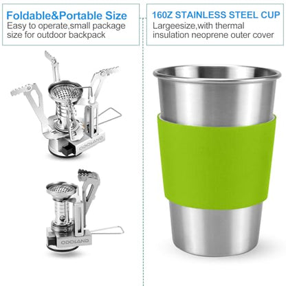 Odoland Camping Cookware Stove Carabiner Canister Stand Tripod and Stainless Steel Cup, Tank Bracket, Fork Spoon Kit for Backpacking, Outdoor Camping Hiking and Picnic - color: Green