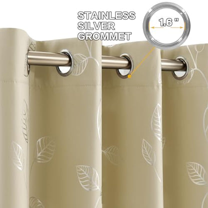 BUHUA Heat Blocking Curtains, Black Out Curtains 72 Inch Long 2 Panels Burg, Soundproof Curtains with Silver Leaf Printed (52 x 72 Inch,Beige,Set of 2 Panels) - color: Silver Leaf /Beige, size: 52"W x 72"L (Pack of 2)