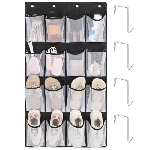 F-color 16-Pocket Hanging Organizer - Over the Door Shoe Organizer, Cruise Essentials for Cabin & RV, Breathable Mesh Storage Pockets, Space Saving Hanging Storage Holder with 4 Sturdy Metal Hooks - color: Black (M, White Pockets), size: M - 16 Pockets/4