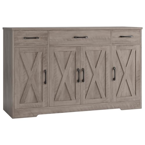 HOSTACK Buffet Sideboard Cabinet with Drawers, 55" Large Buffet Storage Cabinet with Shelves and Doors, Modern Farmhouse Coffee Bar Station for Kitchen, Dining Room, Ash Grey - color: Ash Grey