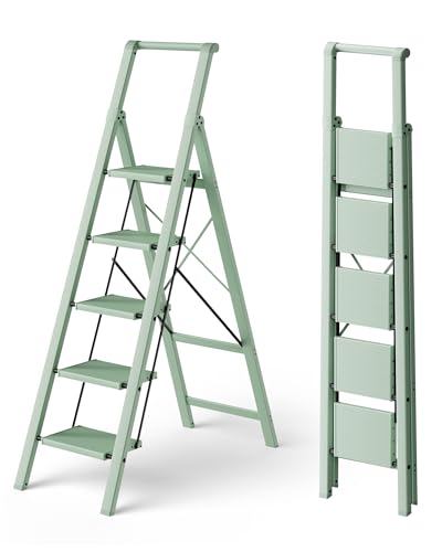 HillhutApex 5 Step Foldable Aluminum Step Ladder with Handgrip, Anti-Slip Pedal, 330 lbs Capacity, Lightweight & Portable for Home, Kitchen, Office, Garage (Pale Green) - color: Pale Green, size: 5 Step With Handrail