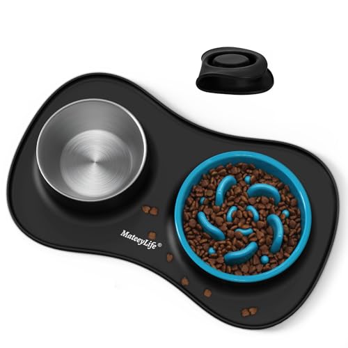 MateeyLife Dog Food and Water Bowl Set 3 in 1, Slow Feeder Dog Bowls & Stainless Steel Water Bowl with Non-Spill Silicone Mat, Cat and Puppy Bowls Pet Dishes for Small Medium Large Breed Anti-Choking - color: Black, size: Small