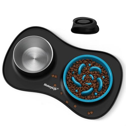 MateeyLife Dog Food and Water Bowl Set 3 in 1, Slow Feeder Dog Bowls & Stainless Steel Water Bowl with Non-Spill Silicone Mat, Cat and Puppy Bowls Pet Dishes for Small Medium Large Breed Anti-Choking - color: Black, size: Medium