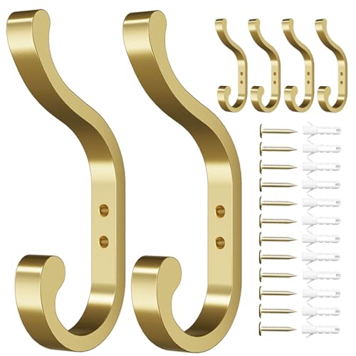 Gold Wall Hooks for Hanging Coats: Metal Mount - Large Heavy Duty (30 Lb) - Screw In - Mudroom for Clothes, Backpack, Purse, Bathroom Towel, 6 Pack - color: Gold, size: 6 Pack