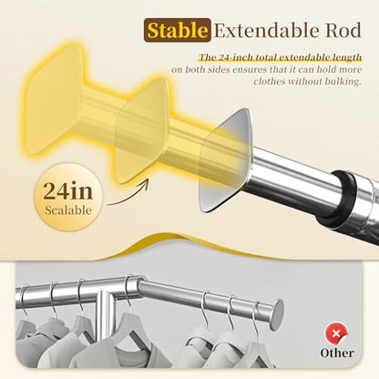 Raybee Clothes Rack, Room Organize Home Storage, 75" W & 4 Extra Hooks | 450LBS Capacity, Stainless Steel, Extendable Hanging Rod, 360° Lockable Wheels, Height Adjustable, 15-Min Tool-free Assembly - color: Chrome, style: Rod Shelf