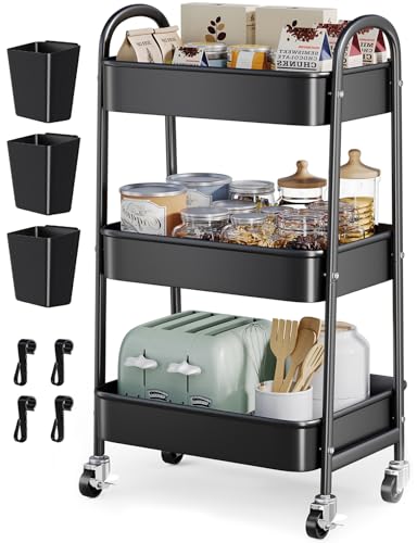 3 Tier Rolling Cart Metal with Wheels, Heavy Duty Three Tiered Rolling Storage Cart on Wheels, Black Utility Roller Carts Organizer for Baby, Art, Craft, Snack,Book, Nail, Diaper Caddy, Cleaning, Dorm - color: Mystic Black