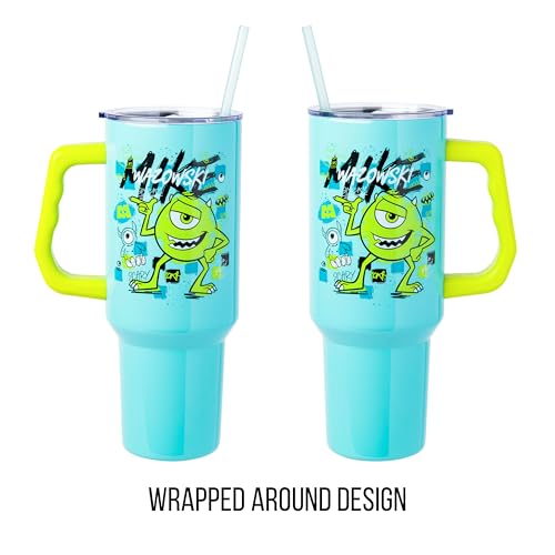 Silver Buffalo Disney Pixar Monsters Inc. Double Walled Stainless Steel Tumbler with Handle Featuring Mike Wazowski, Fits in Standard Cup Holder, 40 Ounces - color: Monsters Inc Mike Wazowski