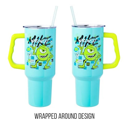 Silver Buffalo Disney Pixar Monsters Inc. Double Walled Stainless Steel Tumbler with Handle Featuring Mike Wazowski, Fits in Standard Cup Holder, 40 Ounces - color: Monsters Inc Mike Wazowski