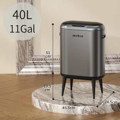 MRBIN 40L/11Gal Slim Sensor Trash Can with Legs, Touchless Motion Sensor Garbage Bin,Side Handles, Narrow Automatic Waste Basket for Kitchen, Living Room, Bedroom, Eclipse Grey