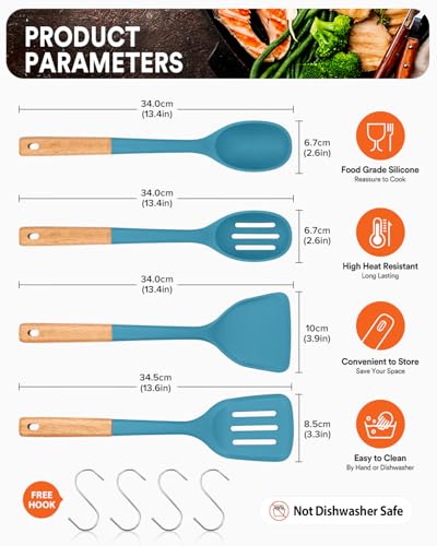 Silicone Cooking Utensils Set, Perfectly Angled for Frying, Mixing,Serving,Draining,Turning and Stirring, BPA-Free Matte Silicone, Wood Handles, Safe for Nonstick Cooking Surfaces,4 Pack (Blue) - color: Blue