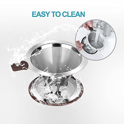 Pour Over Coffee Dripper, Reusable Paperless Coffee Filter,Professional Stainless Steel Drip Cone Brew Coffee Strainer,Upgraded Double Micro Mesh Filter with Cup Stand,1-4 Cup - size: 1-4 Cup