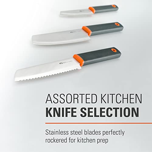 GSI Outdoors Santoku Knife Set, Compact 6-Piece Camping Chef Knife Kit with Cutting Board, Sheaths, Soap Bottle & Travel Case