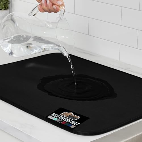 GORILLA GRIP Ultra Water Absorbent Microfiber Dish Drying Mat, Quick Dry Thick Mesh, Slip Resistant Pad for Sink Dishes or Under Rack, Kitchen Counter Accessories, Machine Wash Mats, 18x16 Inch, Black - color: Black, size: 18" x 16", style: Microfiber