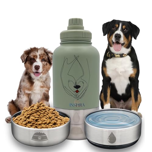INSIPRA 32oz Dog Water Bottle with Food & Water Bowls – 3-in-1 Portable Pet Travel Bottle with Magnetic Phone Holder, Leakproof, BPA Free, Insulated (Green) - color: GREEN