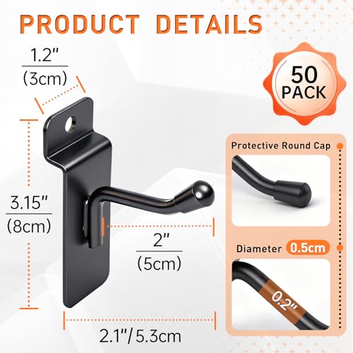 50 Pack r-Shaped Slatwall Hooks, 2 Inch Heavy Duty Slat Wall Hanger, Slatwall Accessories Display Hooks for Garage, Retail Store, Kitchen, Craft Room - size: 2.1 Inch